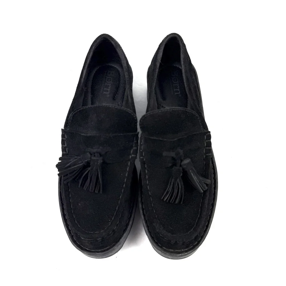 Born Capri Loafer 7 Black Suede Slip On Shoes Lug Sole Womens